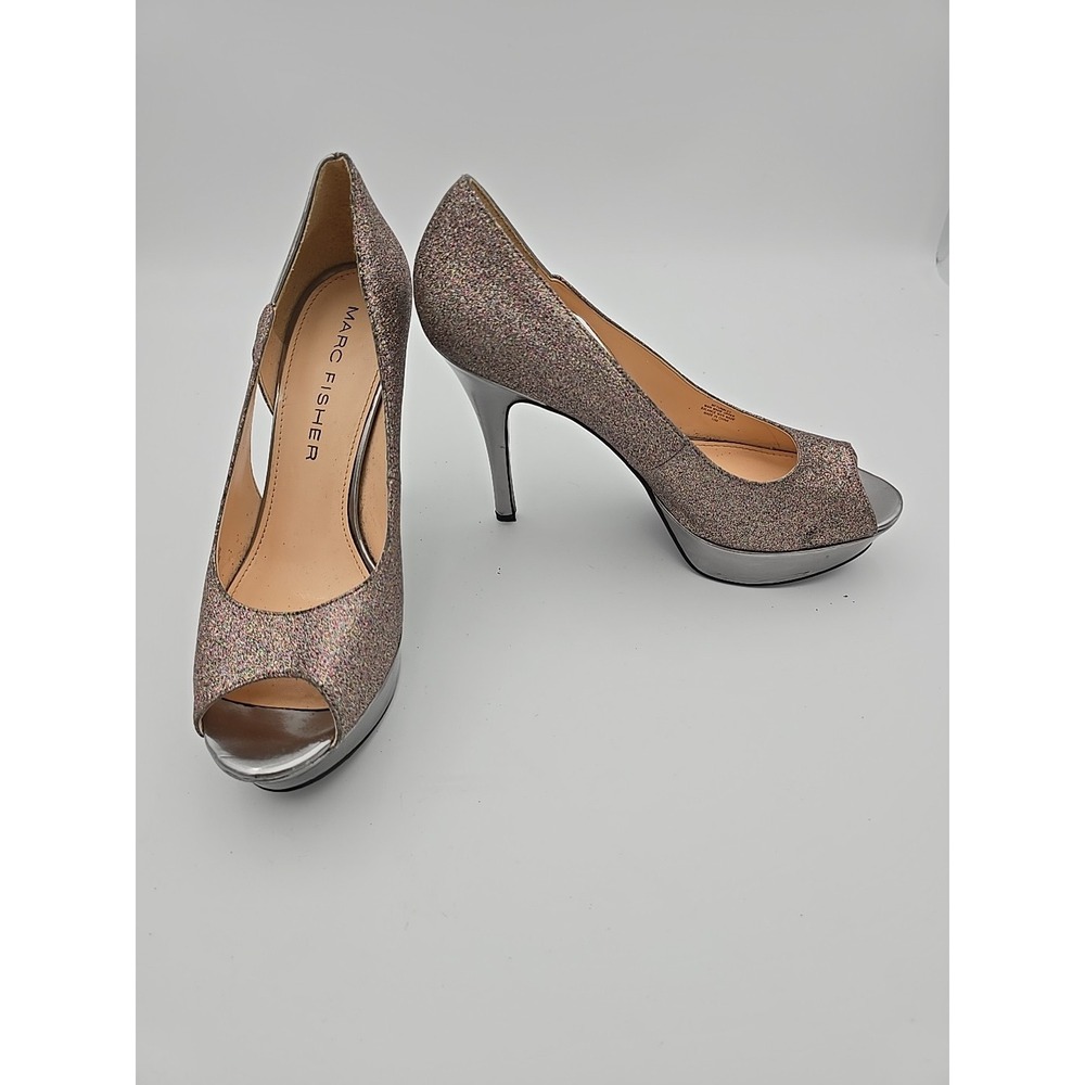 Marc Fisher Size 10 M Glitter Peep Toe Pumps. Multicolor Glitter, Silver Heel